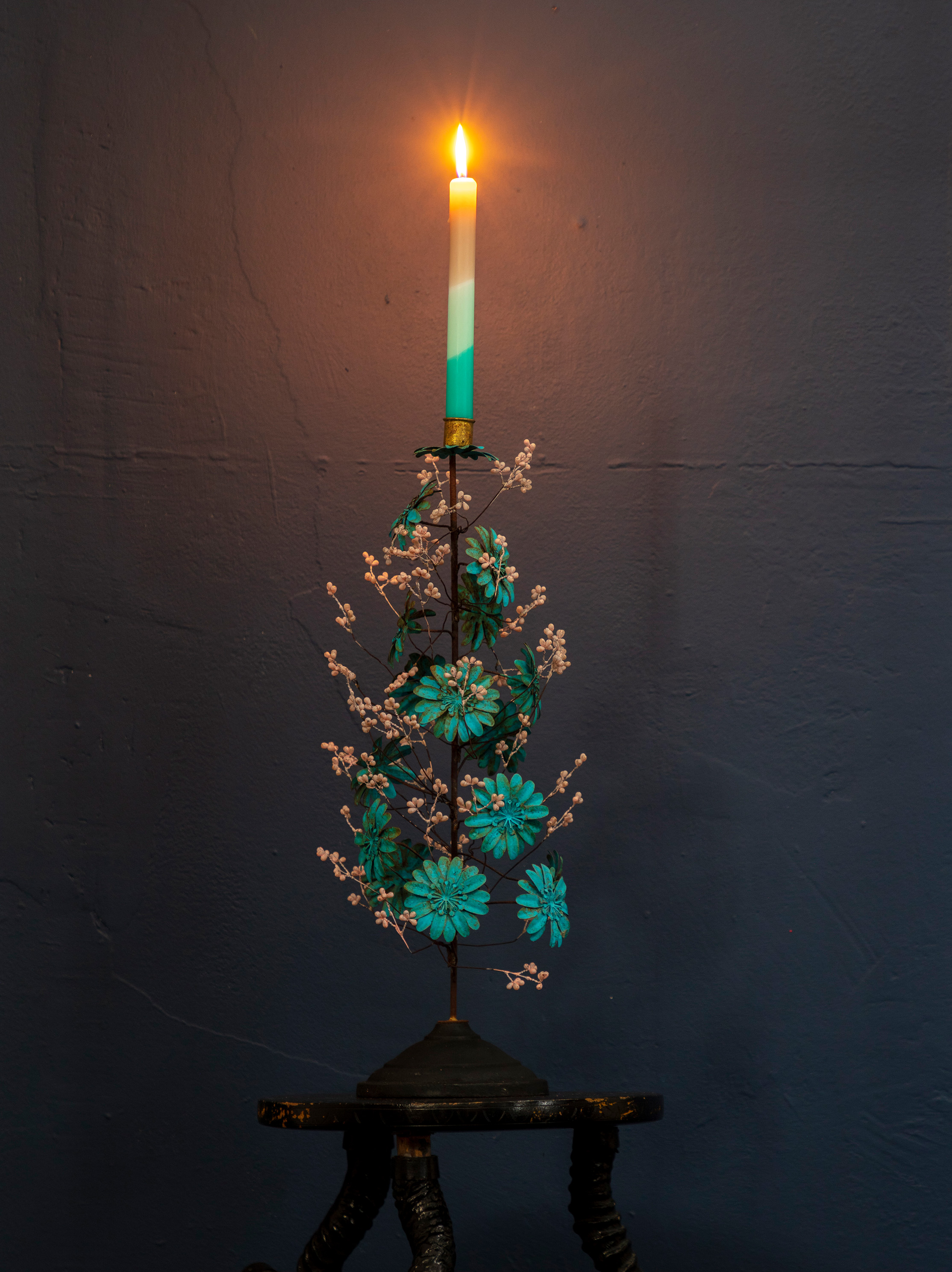 Blue Floral Metal Candlestick
